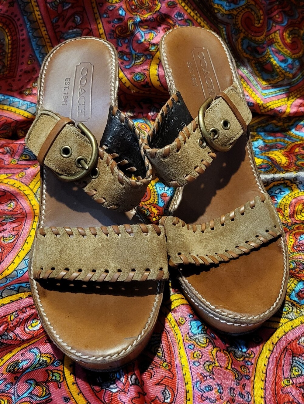 Coach Kendra Tan Genuine Suede Leather Slides Sandals High Heel Women's Size 5
